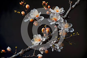 Closeup of spring blossom flower on dark bokeh background. Macro cherry blossom tree branch