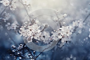 Closeup of spring blossom flower on dark bokeh background. Macro cherry blossom tree branch. Blooming springtime orchard landscape