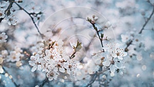 Closeup of spring pastel blooming flower in orchard. Macro cherry blossom tree branch. Beautiful idyllic japanese garden. Easter