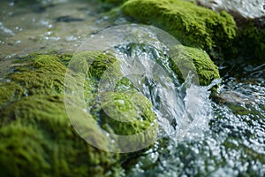 closeup of spring water flowing over green moss rocks