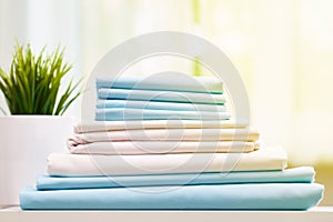 Closeup stack of blue and white clean bedding on the table. Blurred background