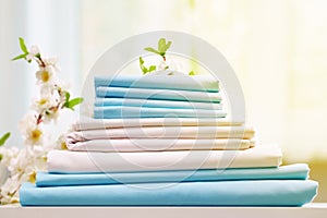 Closeup stack of blue and white clean bedding on the table. Blurred background