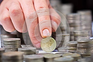 Closeup of stack of british pound coins