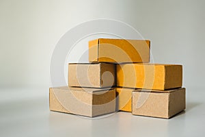 Closeup stack cardboard boxes using as shipping and logistics co