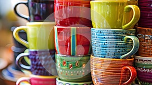 Closeup of a stack of colorful mismatched coffee mugs each with its own unique design ready to be filled with delicious