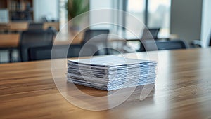 Stack of Documents on Wooden Table in Office Meeting Room, Ready for Analysis.