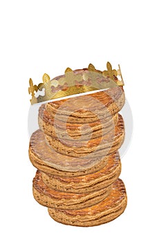 Closeup stack of kings epiphany cake with golden crown against white background