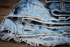 Closeup stack of old jean