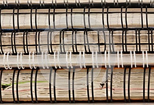 Closeup of stack of old, used notebooks with the springs