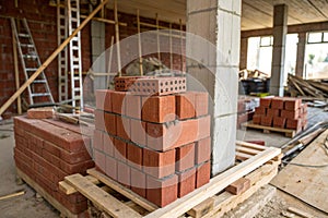 Closeup of stack of red bricks inside building under construction