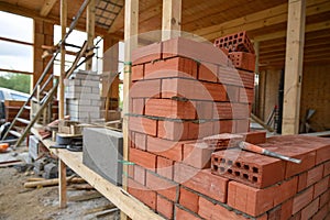 Closeup of stack of red bricks inside building under construction