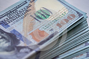Closeup of stack US America Dollar bills