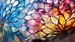 Closeup of a stained beveled glass texture, showcasing vibrant hues and intricate designs that bring a pop of color and