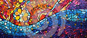 A closeup of a stained glass window with flower patterns