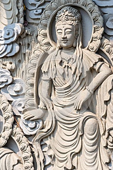 Closeup of standing bodhisattva  fresco at Chua An Long Pagoda, Da Nang Vietnam