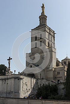 Closeup of statue of Virgin Mary at Notre-Dame des Doms cathedral in Avignon