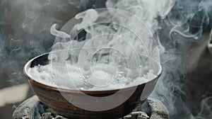 A closeup of steam rising from a bowl of water on hot coals creating a moist and soothing environment for easier