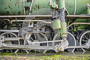 Closeup of steam train wheels