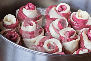 Closeup of steamed buns in creativce rose form