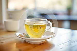 closeup of a steaming cup of herbal tea on a wooden table