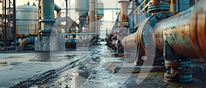 Closeup of steel pipes supplying a propane factory supported by concrete with valves and tanks in