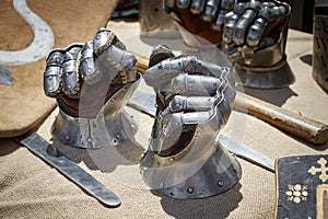 Closeup of steel vintage knight gloves