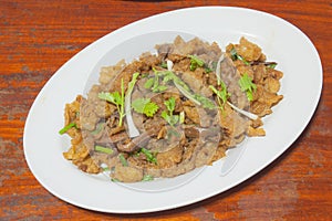 Closeup of stiir-fried fish maw with Shiitake mushrooms