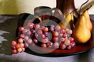 Closeup still life grapes and bosc pears