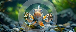 Closeup of stingfish in tank with rocks and plants in background. Concept Underwater Photography,