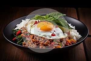 Closeup Stir fried minced pork, chili and Thai basil leaves spicy with fried eggs on topped rice, Local food street Generative AI