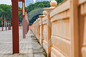 Closeup of a stone fence on a recreational trail in a park