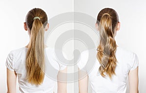 Closeup before-after straight curly wavy high ponytail back view isolated on white background. Quick and easy Hair-styles for