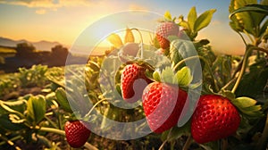 closeup of strawberries growing in plantation at sunset ready to harvest