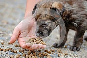 closeup stray puppy eating dog food from person hand on the street. human feeding homeless dog