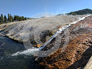 Closeup of stream of steaming water flowing into river at Yellowstone National Park