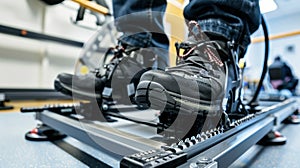A closeup of a stroke survivors feet sped into a robotic gait trainer which utilizes programmed movements to help photo