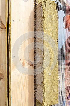 Closeup of structural Insulated Panels with mineral rockwool insulation and Drywall. photo