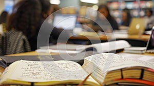 A closeup of a students handwritten notes filled with annotations and highlighted sections as they review a lecture from