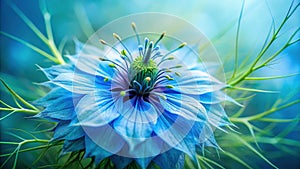 CloseUp of a Stunning Blue LoveinaMist Flower Delicate Petals and Vibrant Hues in a Natural Macro Photography Image photo