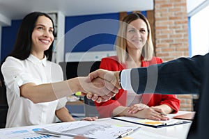 Closeup of successful business people handshake in office