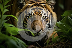 Closeup Sumatran tiger stealthily stalking in jungle