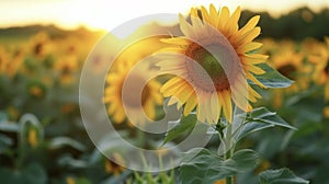 A closeup of a sunflower field with the bright yellow blooms glowing against the darkening sky photo
