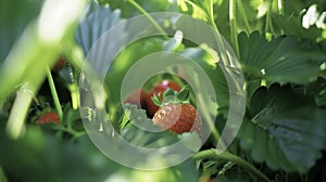 A closeup of a sunkissed strawberry patch large ripe berries peeking out from beneath the lush leaves