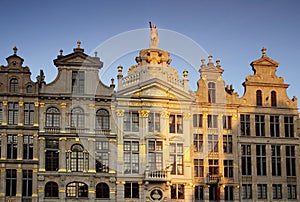 Closeup on the sunset light from some of the beautiful buildings from Grand Place - Brussels (Bruxelles), Belgium