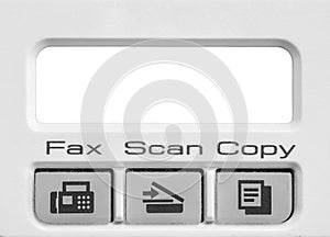 Closeup surface function of old photocopier and fax machine in the office textured background in black and white tone with blank w
