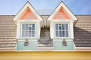 closeup on symmetric colonial dormer windows