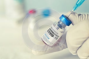 Closeup of syringe and injection vial flu, measles, coronavirus, covid-19 vaccine disease prepare for human, child, adult,