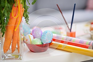 Closeup on table with Easter eggs