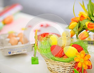 Closeup on table with Easter eggs