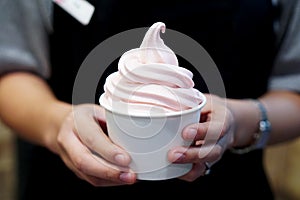Closeup of takeaway cup with organic frozen yogurt ice cream